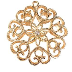 Gold Filigree Pendant Round Flower Design Rhinestone Accent 1.77" No Chain